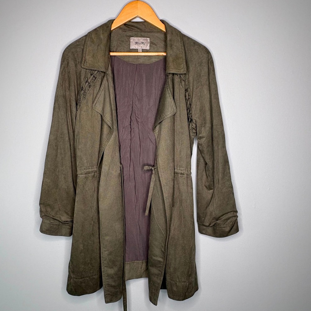 Miss Me Womens S Olive Green Faux Suede Duster Trench Coat Braided Trim MDJ310L